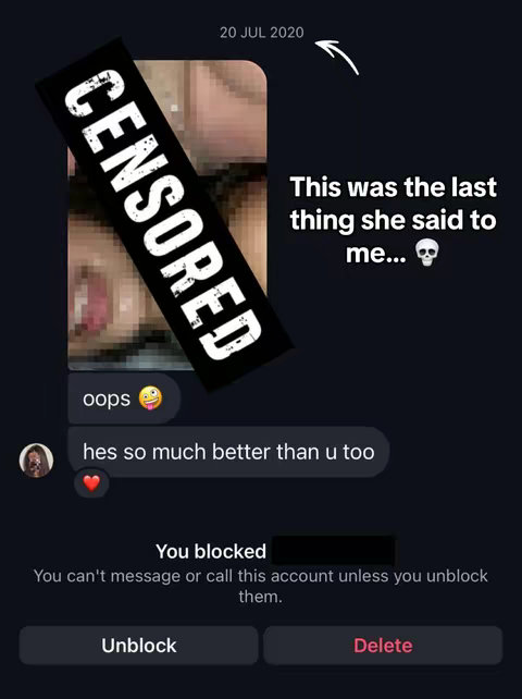The cover image is a screenshot of a mobile phone's messaging app displayed on a black background. The text thread shows a message. The image has a pixelated part and a large black banner with the text "CENSORED" written on top of it.