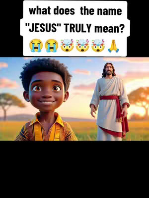 The cover image features a cartoon-style illustration with a bright and inviting aesthetic. The top portion contains a white rectangular banner with the text "what does the name 'JESUS' TRULY mean?" in a bold, black sans-serif font. Below this, are five emojis across, showing varying facial expressions, which add an emotional element. The lower half of the image shows two figures against a bright, outdoor backdrop. On the left, a young cartoon-style boy with dark skin and wearing a yellow shirt. On the right stands a well-rendered cartoon of Jesus with long hair and a white robe with a red sash. The background features a sunny landscape, suggesting a vast grass field or savanna, with a soft blue sky.
