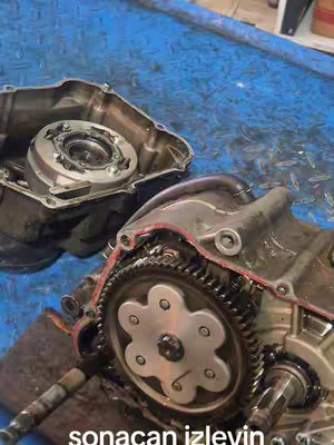 The cover image shows a close-up of disassembled engine parts on a blue textured surface. The parts are metallic and oily, with visible gears and internal components. The composition is focused on the mechanical details, highlighting the complexity of the engine.