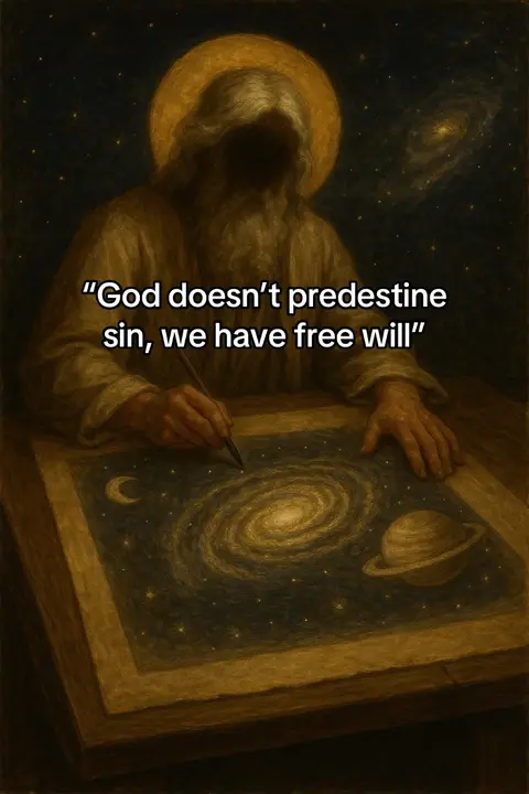 Illustration of a figure in a long robe and a halo, with hands outstretched. The figure holds a drawing of a galaxy in a celestial setting. The background is a dark night sky with stars. Text overlayed says, "God doesn't predestine sin, we have free will".