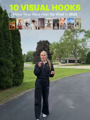 A young woman with blonde hair is standing on a paved pathway, with a microphone in her right hand. The walkway leads away from the camera and is lined by greenery. A row of small images is present at the top, showing examples of video hooks.