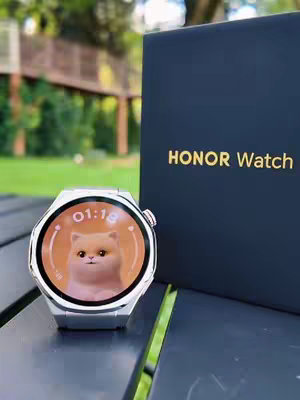 The cover image features a smartwatch with a silver band, displaying a cartoon cat face on its screen. To the right, a dark navy box with 'HONOR Watch' in gold lettering is partially visible. The watch rests on a dark surface, possibly a table, against a backdrop of blurred green foliage.