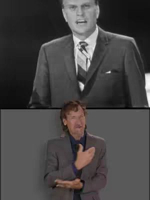 The cover image has two parts. The top half is a grayscale depiction of a man speaking, likely a preacher. He is wearing a suit with a striped tie, and he is facing forward, speaking. The bottom half is a modern video of a man, also wearing a suit jacket, in a gray background, who is signing. He has brown, wavy hair and a thoughtful expression with his hands close to his chest. The image is divided horizontally, and the contrast between the old photograph and the modern video captures the video's intended topic.