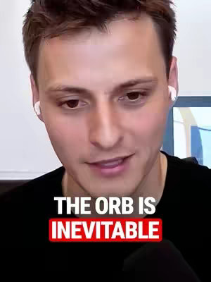 A close-up shot of a man with short brown hair, wearing a black shirt and white earbuds. The background is blurred, with a hint of a white and blue pattern. Overlaying the image is a red box with white text.