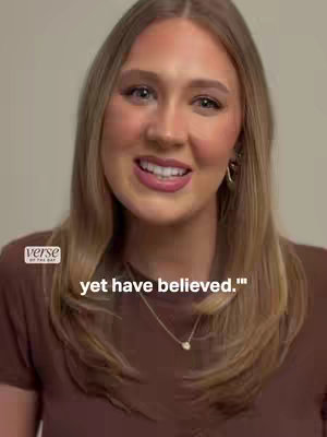 The cover image features a woman with long blonde hair, a brown top, and a delicate necklace. She is smiling and looking towards the camera. The background is a neutral color. A text overlay at the bottom says, "yet have believed." The Verse of the day logo is on the left.