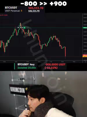 The image is split horizontally with the top showing a trading chart and the bottom portion featuring a man in a selfie view. The chart displays a candlestick graph showing the price fluctuation with labels like "BTCUSDT" and numbers indicating the price, -800 >> +900 are present, suggesting a profit or loss comparison. Below the horizontal split is a man wearing a dark sweater and has short black hair. He is positioned off center and looking at the chart. The background is blurred. 