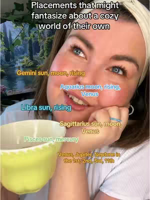 A woman with fair skin and light brown hair is smiling, resting her chin on her hand, with colorful text overlays describing different zodiac placements.