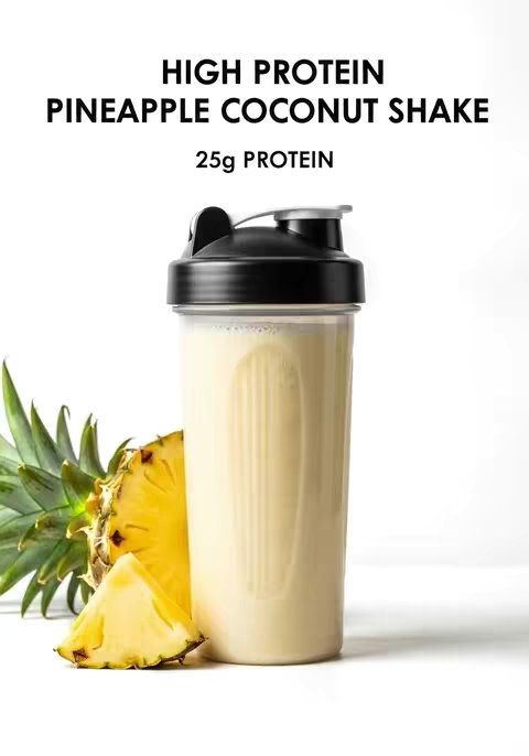 A studio shot featuring a tall, clear protein shake in a shaker bottle. The shake is a creamy, light yellow color. Beside the bottle is a section of fresh pineapple with a green crown, and a small triangular slice. The background is plain white.