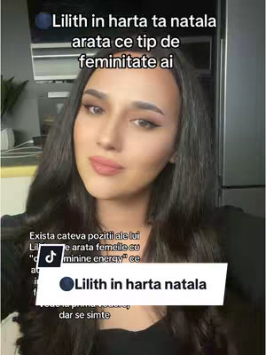 A selfie-style video cover featuring a woman with long dark hair and makeup. Text overlays include phrases about Lilith and feminine energy against a blurred background. The layout is typical for a social media video, focusing on the creator's face.