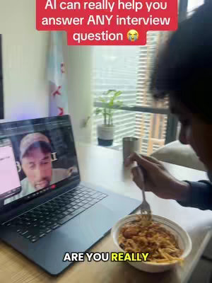 A person is shown eating noodles from a bowl while on a video call on a laptop, with text overlays indicating the video's theme.