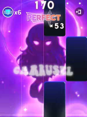 A stylized, vertical image featuring the interface of a music rhythm game. The background is a gradient of dark and light purple, with a ghostly, illuminated silhouette of a female figure overlaid in the center. The game elements include large, blue rectangular tiles at the bottom and a row of tiles above with a timer in the upper-right. The word 'CARRUSEL,' in stylized white font, is prominently displayed.