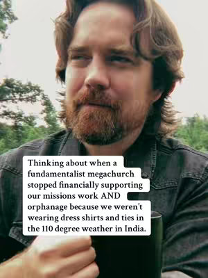 A man with a beard is centered in the frame, with a partly overcast sky and foliage visible in the background. A text overlay is present, detailing a story related to a church and missions work.