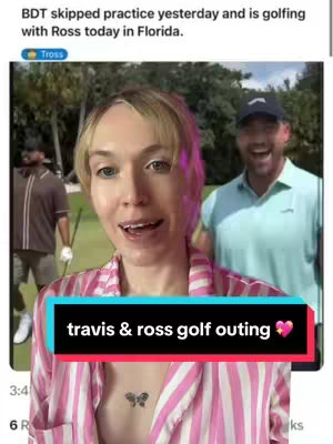 A selfie-style video cover image with a woman in the foreground and two men on a golf course in the background. The woman is smiling and looking at the camera. She is wearing a pink and white striped pajama shirt and a tattoo on her chest. The background features green grass and trees, with a partially visible man in a golf shirt smiling. The layout is casual. The image is well-lit with natural light.