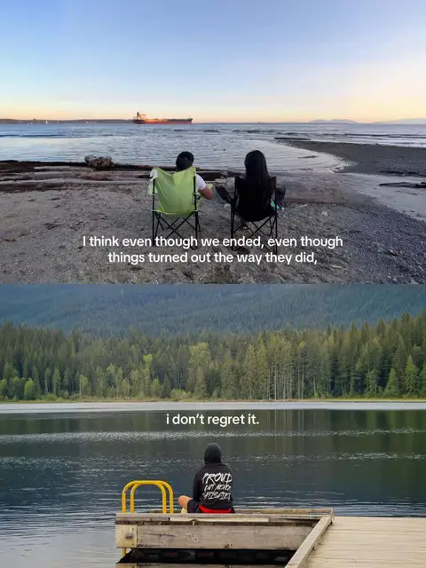 The cover image is divided into two horizontal sections. 

The top section shows a beach scene with a couple sitting on chairs, facing away from the camera towards the ocean. The sky is a gradient of colors, suggesting either sunrise or sunset. In the background, there's a body of water, probably an ocean or sea, with a ship on the horizon. 

The bottom section captures a serene lake scene. A person sits on the edge of a wooden dock, with the back to the camera, staring into the calm water. The backdrop is a heavily forested hillside reflecting the tranquil environment. The overall scene is well composed, suggesting a peaceful moment of reflection.