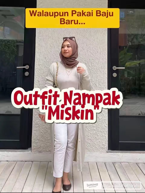 A woman wearing a hijab and sunglasses stands in front of a door with overlayed text in Malay.