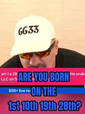 A person wearing a white cap with 'GG33' printed on it and sunglasses looks down at the camera. Text overlays in bold fonts ask questions about dates of birth. The background appears to be a soft beige color with a lower portion in shades of pink and blue.