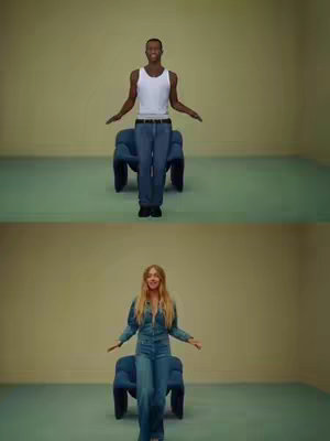 The cover image is divided into two separate panels, each depicting a person in jeans, standing with arms open. The top panel shows a Black male wearing a white tank top and jeans, standing in the center of the room. The bottom panel shows a blonde woman in a denim jumpsuit, standing in the same pose.