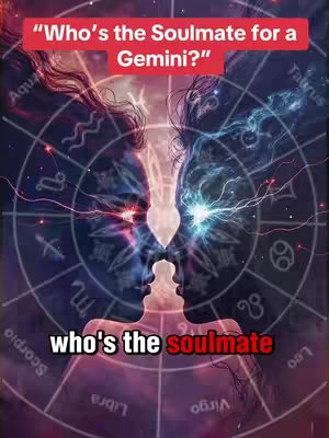 The image is composed of two silhouetted figures facing each other with a light source between their faces. Behind them is a complex astrological chart with symbols and labels like "Aquarius", "Taurus", "Scorpio", and "Virgo" arranged in a circular pattern. Text overlays include ""Who's the Soulmate for a Gemini?"" at the top and "who's the soulmate" at the bottom.