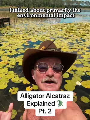 A selfie-style video cover taken from chest height shows a man in a brown fedora-style hat with a feather decoration and sunglasses smiling. The man is standing in front of a body of water covered with lily pads. Overlayed text at the top of the image reads, "I talked about primarily the environmental impact". Below the man is a text box that says, "Alligator Alcatraz Explained Pt. 2" with a graphic of an alligator in the bottom right.