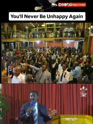The image is split into two sections. The top section displays a crowd gathered in a church-like setting, many raising their hands. The bottom section shows a man in a suit speaking into a microphone at a podium. A black eagle is at the top of the image.