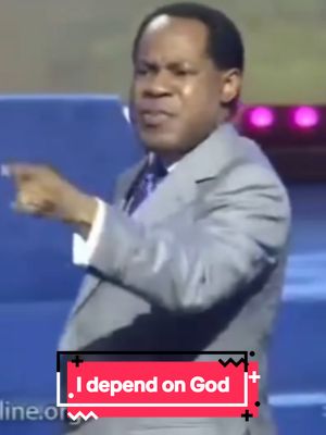The image features a man in a suit gesturing with his right arm and index finger pointing to the left. Below him is a red bar with the text 'I depend on God' in white.