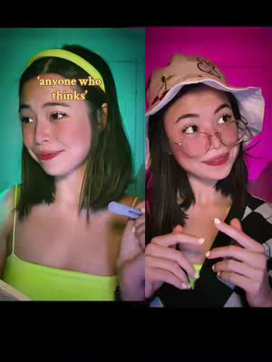 A split-screen image features a woman on the left, smiling while holding a light purple object. She wears a yellow headband over dark hair and a lime green top. The background appears to be a turquoise-green. On the right side, a woman looks to the side with a slightly surprised expression, with a cherry-patterned hat, wire-rimmed glasses, and a black and white top. The background is pink.