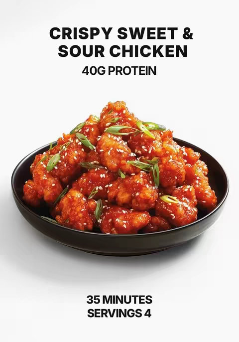 A close-up shot of a black bowl filled with crispy sweet and sour chicken. The chicken pieces are coated in a vibrant red sauce and garnished with sesame seeds and sliced green onions. Text overlays at the top state 'CRISPY SWEET & SOUR CHICKEN' and '40G PROTEIN'. The bottom text says '35 MINUTES' and 'SERVINGS 4', all against a white background.