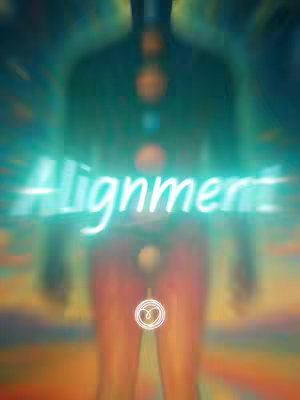The cover image features a blurred, ethereal figure with the word 'Alignment' overlaid in a glowing, stylized font. The figure appears to be a person but is obscured by the blur effect, with hints of color representing energy points or chakras along the spine. The background suggests a sunset or sunrise with warm tones.