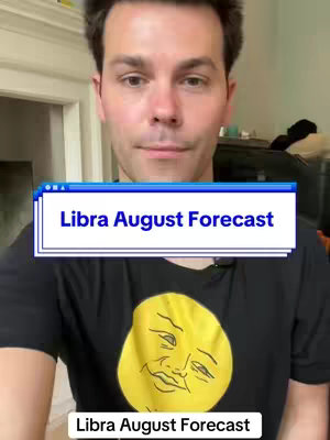 A man in a black t-shirt with a yellow moon face design stands in front of what may be a door or window. Overlay text indicates 'Libra August Forecast' in a retro computer-window style.