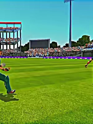 A vibrant, animated image of a cricket match in progress, showcasing a green field, stadium seating, and a clear blue sky. Two players are in the mid-ground, in the midst of a game. The stadium is full of indistinct spectators in the background, under a clear sky. The image has bright, saturated colors, highlighting the action of the game.