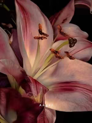 Close-up image of a pink and white lily against a dark backdrop. The flower's petals are delicate, with subtle veining and texture, some edged with deeper shades of pink. The stamens and pistils are visible. The word "Anger" is written in a small white font in the lower part of the image. The overall composition is focused and serene.