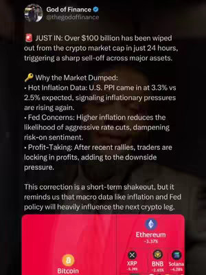 A screenshot of a post on a social media platform, with a news-like layout. The background has a dimly lit, blurred setting with a portion of the platform's branding subtly visible. Overlaying the screen is the text of a news update, with sections for 'JUST IN,' key reasons, and a summary of 'Impact on Crypto'. Below it are various logos indicating the current trading behavior of certain cryptocurrencies.