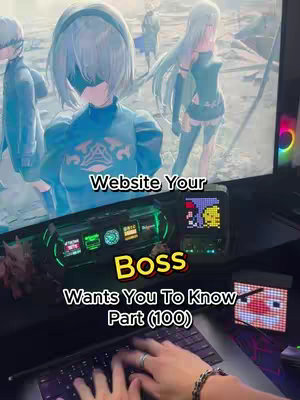 A shot shows a portion of a computer monitor displaying animated characters. Below that, a gaming or tech accessory and a portion of a keyboard featuring a hand with jewelry typing.