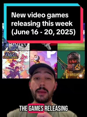 A vertical image with a black background, featuring a news-style layout. At the top, a rectangular box with a turquoise background displays the text: "New video games releasing this week (June 16-20, 2025)". Below, there are seven small gaming-related image thumbnails set out in a grid format. The cover image has a photo of a man looking at the camera. He is wearing a dark blue baseball cap, and a light olive-green shirt.