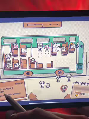 The cover image displays a cartoon-style illustration of a bus's interior. The bus is teal with brown seating. Various cartoon characters are inside, with speech bubbles above them. A hand with a pen is visible, interacting with a tablet showing the game elements. The overall aesthetic is clean and colorful.