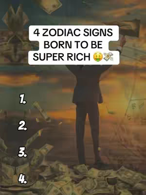 The image shows a person standing in a suit with their arms up, with money around them. The background appears to be a sunset.