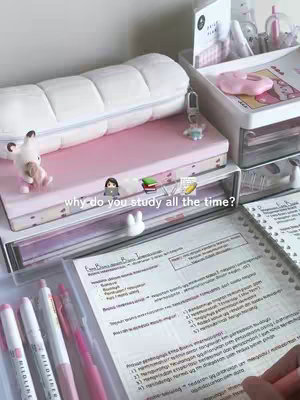The cover image shows a neatly organized study setup. A clear drawer is filled with pens and highlighters. A pink and a white box are in the background, with the text overlayed.
