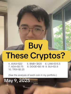 A man with glasses is centered in the frame, with a yellow banner overlaying a section of the image. The banner reads "Buy These Cryptos?" and provides a list of cryptocurrencies with their latest values. Beneath the cryptocurrency list, it reads "(See the analysis of each coin in my portfolio.) May 9, 2025" and the image also appears to be captured indoors.