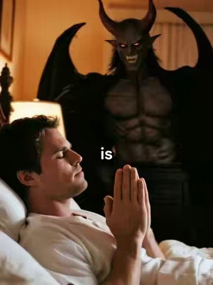 A man is shown praying in bed with his hands clasped and eyes closed. Behind him, a demonic figure looms, with large black wings, horns, and a menacing expression. The scene is set in a bedroom, lit with warm tones, creating a dramatic contrast.