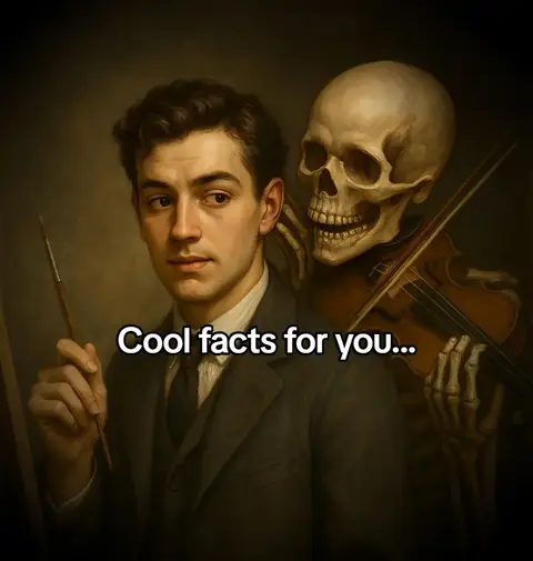 An artistic image featuring a man facing left, set against a dark, blurred background. Beside him is a skeletal figure playing a violin, with its bony hand resting on the man's shoulder. Text overlay at the bottom reads 'Cool facts for you...'.