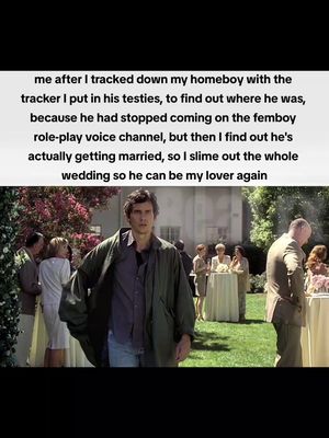 The image is a still from a movie or TV show, portraying a dramatic scene at an outdoor wedding. The central figure is a man in a trench coat, looking directly at the camera with a concerned expression. He is standing on the grass, and in the background, a wedding party is seen at a table, which is decorated with flowers, suggesting a wedding reception. Other people are gathered around them, the scenery is in an outdoor setting.