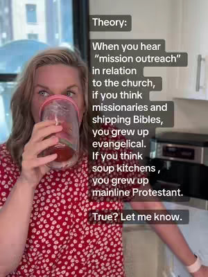 A woman with blonde hair holds a glass of red liquid to her mouth, looking up and to the side. Overlayed text creates a thought bubble with theory about evangelicals vs mainline protestants. The setting appears to be a kitchen with white cabinets and a stainless steel appliance in the background.