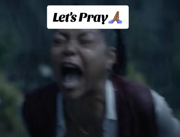 The cover image features a woman with dark hair expressing intense emotion, presumably, fear or distress. She has her mouth wide open, teeth visible, and eyes wide, suggesting a scream. Above her head is a white rectangular text overlay that reads, "Let's Pray," with a folded hands emoji. The background seems blurred, suggesting a natural outdoor setting, possibly a forest. The lighting seems dim, and the overall composition is focused on the woman's face and expression.