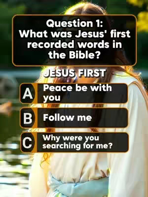 The cover image shows a quiz about the Bible with a backdrop of a greenery. There is a woman standing in the scene and answering questions from the Bible. The question is formatted in a rectangular box with a dark outline and the text is white in the center. Below the question, three answer options are provided, labeled A, B, and C.