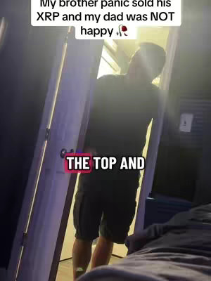 The image shows a man standing in a doorway, likely mid-conversation, with text overlays describing a situation related to cryptocurrency, likely recording a reaction.