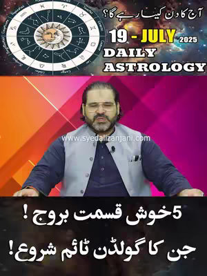 The cover image features a man with a beard and glasses, centered in front of a purple and pink gradient background. Above him is a circular design with the astrological zodiac signs. The top label displays the date and “Daily Astrology.” Text in Urdu is present, highlighting key phrases related to daily horoscopes and zodiac signs.