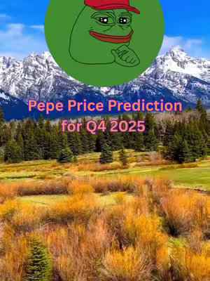 The cover image features a scenic landscape with mountains, fields, and a blue sky. Above, a green circle contains a Pepe the Frog meme, wearing a red cap. Text overlay includes "Pepe Price Prediction for Q4 2025."