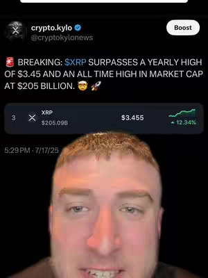 A selfie with user's face covering most of the area. Overlaying information about the crypto currency XRP and its price and an alert about its all-time high.