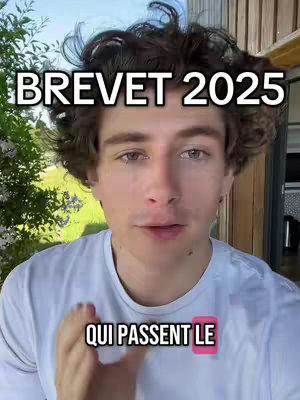 A young man with curly brown hair looks directly at the camera against a blurred green and wooden backdrop. Text overlays read 'BREVET 2025' above his head and 'QUI PASSENT LE' below, both in a white, bold font. A small pink rectangle surrounds 'LE'.