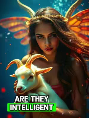 An AI-generated image featuring a young woman holding a white goat. She has long brown hair, wears a golden headpiece, and has wings. The background is a blue, fantasy-like setting. Text overlayed in a green box reads 'ARE THEY INTELLIGENT'.